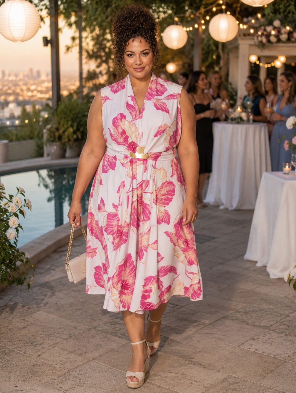 Donna Karan New York NWT Floral Belted Midi Dress | Pink Bloom | Size 16W |